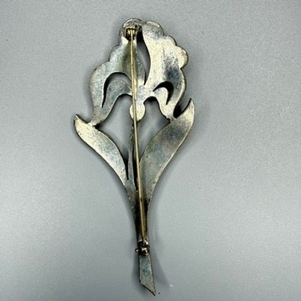 VTG Art Deco Pot Metal Floral Brooch c. 1930s Large Silver Tone Rhinestones - Picture 6 of 8
